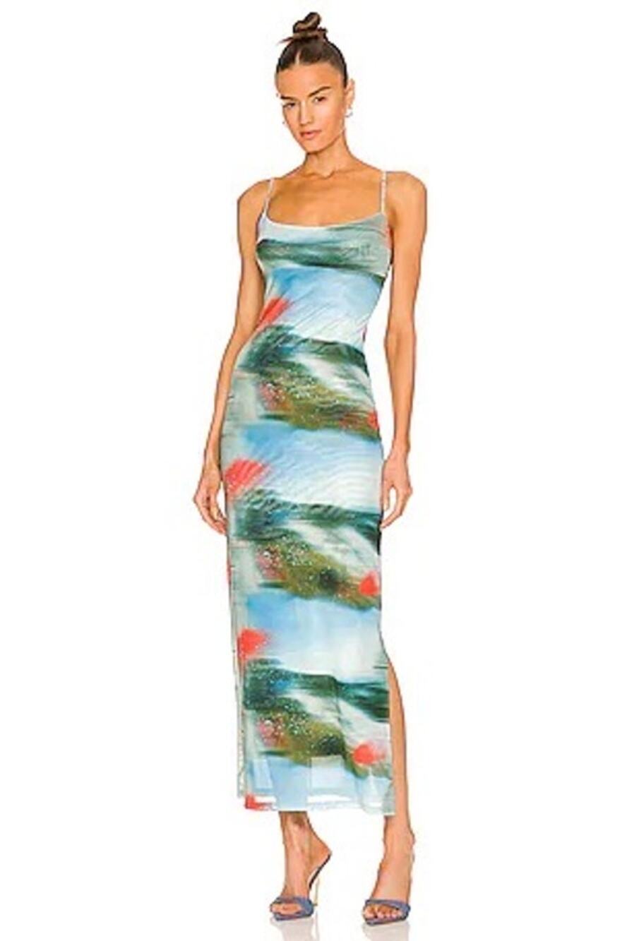 Miaou Thais Dress Mote Print Mesh Cowl Neck Midi Dress Size L NWT